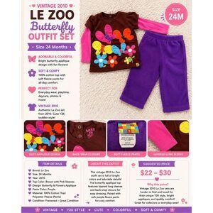 Vintage 2010 Le Zoo Butterfly Fleece Outfit Set 24M Colorful Girls